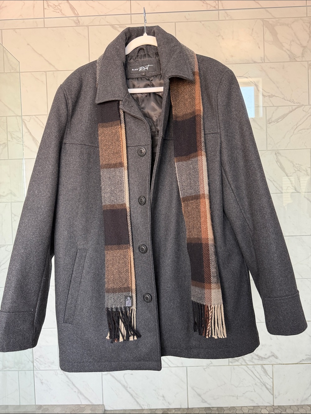 Black Rivet Wool Charcoal Pea Coat with Brown Plaid Scarf